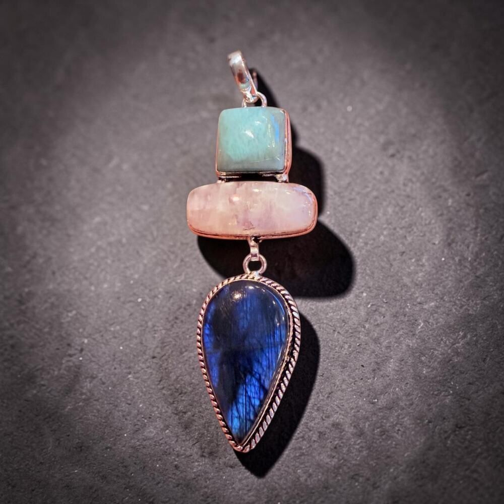 Amazonite Rainbow Moonstone Labradorite Gemstone 925 Silver Plated Pendant